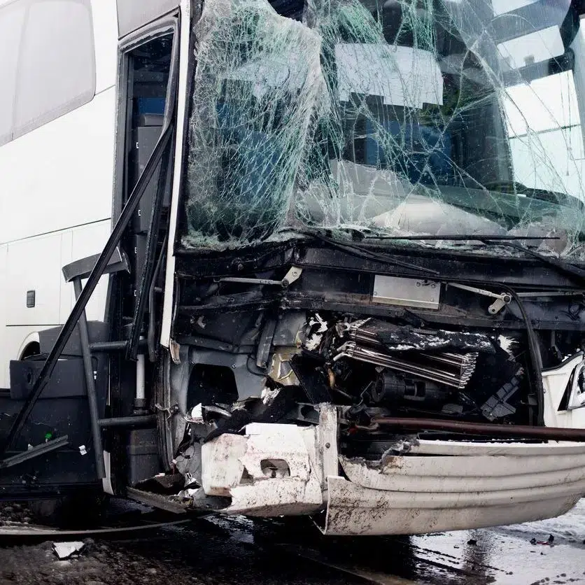 white bus involved in a head on accident
