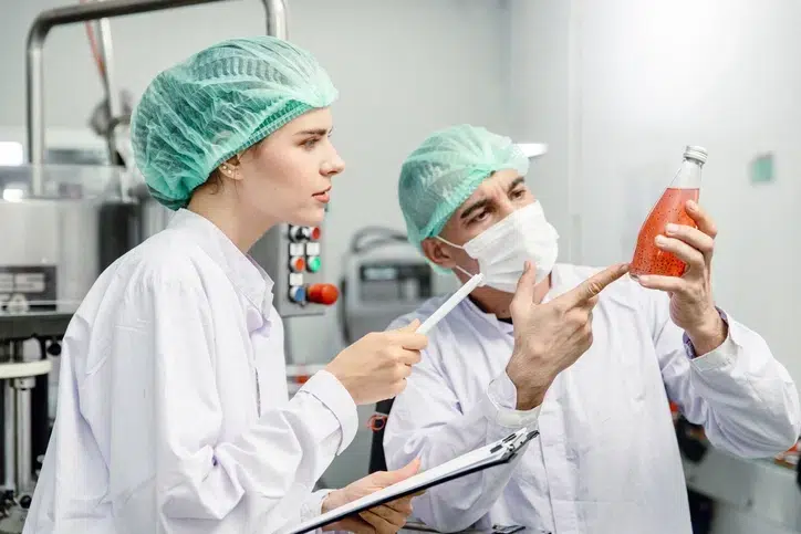 2 lab technicians look at a product they are manufacturing at the lab