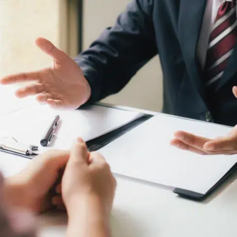 Close up, No face only showing hand gesture of a mediator with client sitting opposite to the mediator