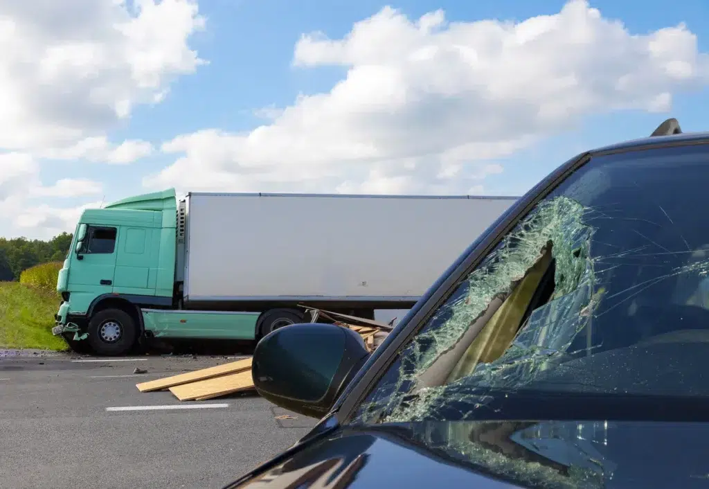 truck and car accident with window screen broken